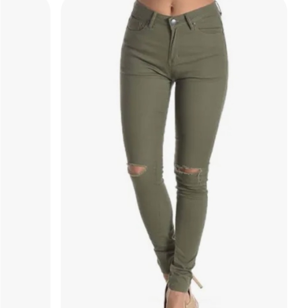 JUST BLACK Made in USA Distressed Skinny Jeans Stretch Denim Olive Green Size 2